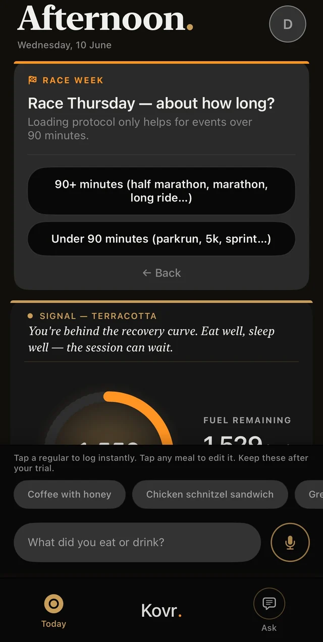 Kovr’s race-week prompt: Race Thursday — about how long? Loading protocol only helps for events over 90 minutes, with options for 90-plus minutes or under 90 minutes.